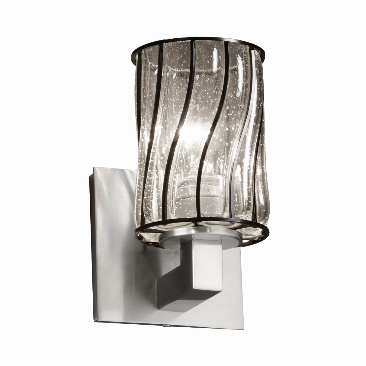 Modular Cylinder Flat Rim Wire Glass Wall Sconce by Justice Design WGL-8921-10-SWCB-NCKL