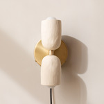 Ceramic Up Down Plug-In Wall Sconce - Brass Canopy / White Clay Upper Shade