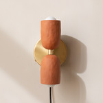 Ceramic Up Down Plug-In Wall Sconce - Brass Canopy / Terracotta Upper Shade