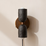 Ceramic Up Down Plug-In Wall Sconce - Patina Brass Canopy / Black Clay Upper Shade