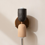 Ceramic Up Down Plug-In Wall Sconce - Patina Brass Canopy / Black Clay Upper Shade