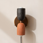 Ceramic Up Down Plug-In Wall Sconce - Patina Brass Canopy / Black Clay Upper Shade