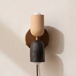 Ceramic Up Down Plug-In Wall Sconce - Patina Brass Canopy / Tan Clay Upper Shade