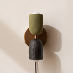 Ceramic Up Down Plug-In Wall Sconce - Patina Brass Canopy / Green Clay Upper Shade