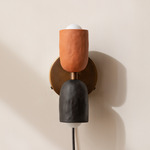 Ceramic Up Down Plug-In Wall Sconce - Patina Brass Canopy / Terracotta Upper Shade