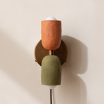 Ceramic Up Down Plug-In Wall Sconce - Patina Brass Canopy / Terracotta Upper Shade