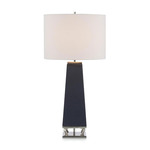 Navy Leather and Brushed Nickel Table Lamp - Navy Blue / Off White
