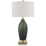 Emerald Green Etched Glass Table Lamp - Green / White Linen