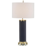 Navy Leather and Polished Brass Table Lamp - Navy Blue / Off White