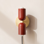 Up Down Plug-In Wall Sconce - Bone Canopy / Oxide Red Upper Shade