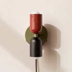 Up Down Plug-In Wall Sconce - Reed Green Canopy / Oxide Red Upper Shade