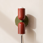 Up Down Plug-In Wall Sconce - Reed Green Canopy / Oxide Red Upper Shade