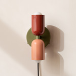 Up Down Plug-In Wall Sconce - Reed Green Canopy / Oxide Red Upper Shade