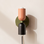 Up Down Plug-In Wall Sconce - Reed Green Canopy / Peach Upper Shade