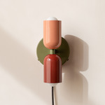 Up Down Plug-In Wall Sconce - Reed Green Canopy / Peach Upper Shade