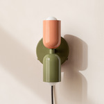 Up Down Plug-In Wall Sconce - Reed Green Canopy / Peach Upper Shade