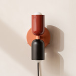 Up Down Plug-In Wall Sconce - Peach Canopy / Oxide Red Upper Shade