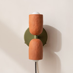 Ceramic Up Down Plug-In Wall Sconce - Reed Green Canopy / Terracotta Upper Shade