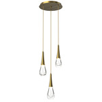 Raindrop Waterfall Round Multi Light Pendant - Heritage Brass / Clear