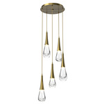 Raindrop Waterfall Round Multi Light Pendant - Heritage Brass / Clear