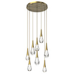 Raindrop Waterfall Round Multi Light Pendant - Heritage Brass / Clear