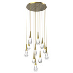 Raindrop Waterfall Round Multi Light Pendant - Heritage Brass / Clear