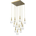 Raindrop Waterfall Square Multi Light Pendant - Heritage Brass / Clear