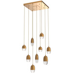 Pebble Square Multi Light Pendant - Novel Brass / Clear Cast Glass