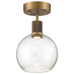 Port Nine Burgundy Semi Flush Ceiling Light - Antique Brushed Brass / Seeded Glass