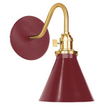 Uno Curved Arm Narrow Cone Wall Sconce - Brushed Brass / Barn Red