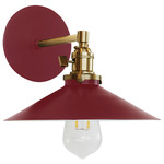Uno Straight Arm Shallow Cone Wall Light - Brushed Brass / Barn Red