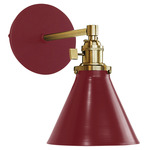 Uno Straight Arm Narrow Cone Wall Sconce - Brushed Brass / Barn Red