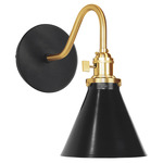 Uno Curved Arm Narrow Cone Wall Sconce - Brushed Brass / Black