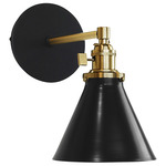 Uno Straight Arm Cone Wall Light - Brushed Brass / Black