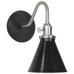 Uno Curved Arm Narrow Cone Wall Sconce - Brushed Nickel / Black