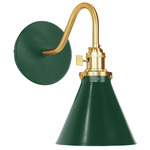 Uno Curved Arm Narrow Cone Wall Sconce - Brushed Brass / Forest Green