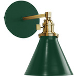 Uno Straight Arm Cone Wall Light - Brushed Brass / Forest Green