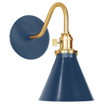 Uno Curved Arm Narrow Cone Wall Sconce - Brushed Brass / Navy