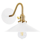 Uno Curved Arm Shallow Cone Wall Light - Brushed Brass / White Gloss