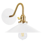 Uno Curved Arm Wide Cone Wall Sconce - Brushed Brass / White Gloss