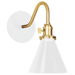 Uno Curved Arm Narrow Cone Wall Sconce - Brushed Brass / White Gloss