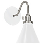 Uno Curved Arm Narrow Cone Wall Sconce - Brushed Nickel / White Gloss