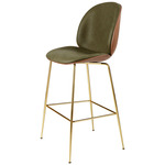 Beetle Veneer Bar / Counter Chair - Brass Semi Matte / Soft Leather Army / Walnut Veneer