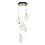 Chrysalis Mixed Shades Round 5 Light Pendant - Modern Brass / White Crystal