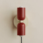 Up Down Plug-In Wall Sconce - Bone Canopy / Oxide Red Upper Shade