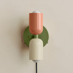 Up Down Plug-In Wall Sconce - Reed Green Canopy / Peach Upper Shade