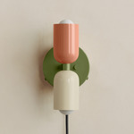 Up Down Plug-In Wall Sconce - Reed Green Canopy / Peach Upper Shade