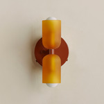 Chromatic Glass Up Down Wall Sconce - Oxide Red Canopy / Sandblasted Amber