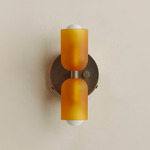 Chromatic Glass Up Down Wall Sconce - Patina Brass Canopy / Sandblasted Amber