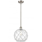 Farmhouse Rope Stem Hung Pendant - Brushed Satin Nickel / Clear / White